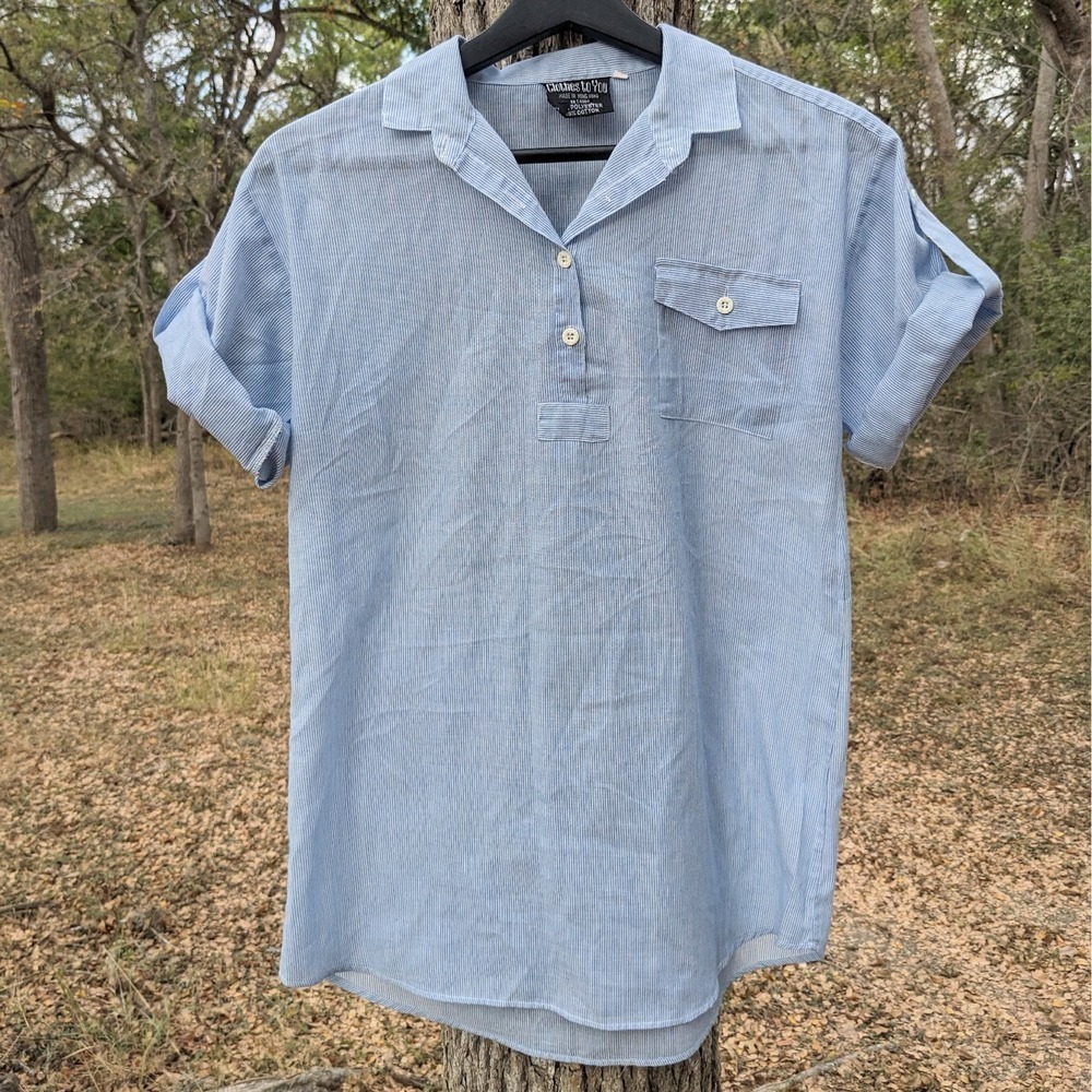 Vintage Pinstriped Popover Shirt Small Blue Striped Roll Tab Sleeve Coastal